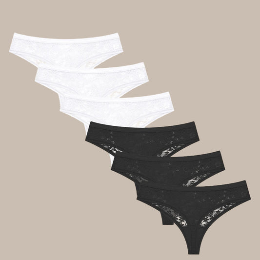 6Pcs/Set Sexy Lace Floral Panties For Women Simple Solid Color Low Rise High Quality Thongs Trendy Transparent Intimate Lingerie